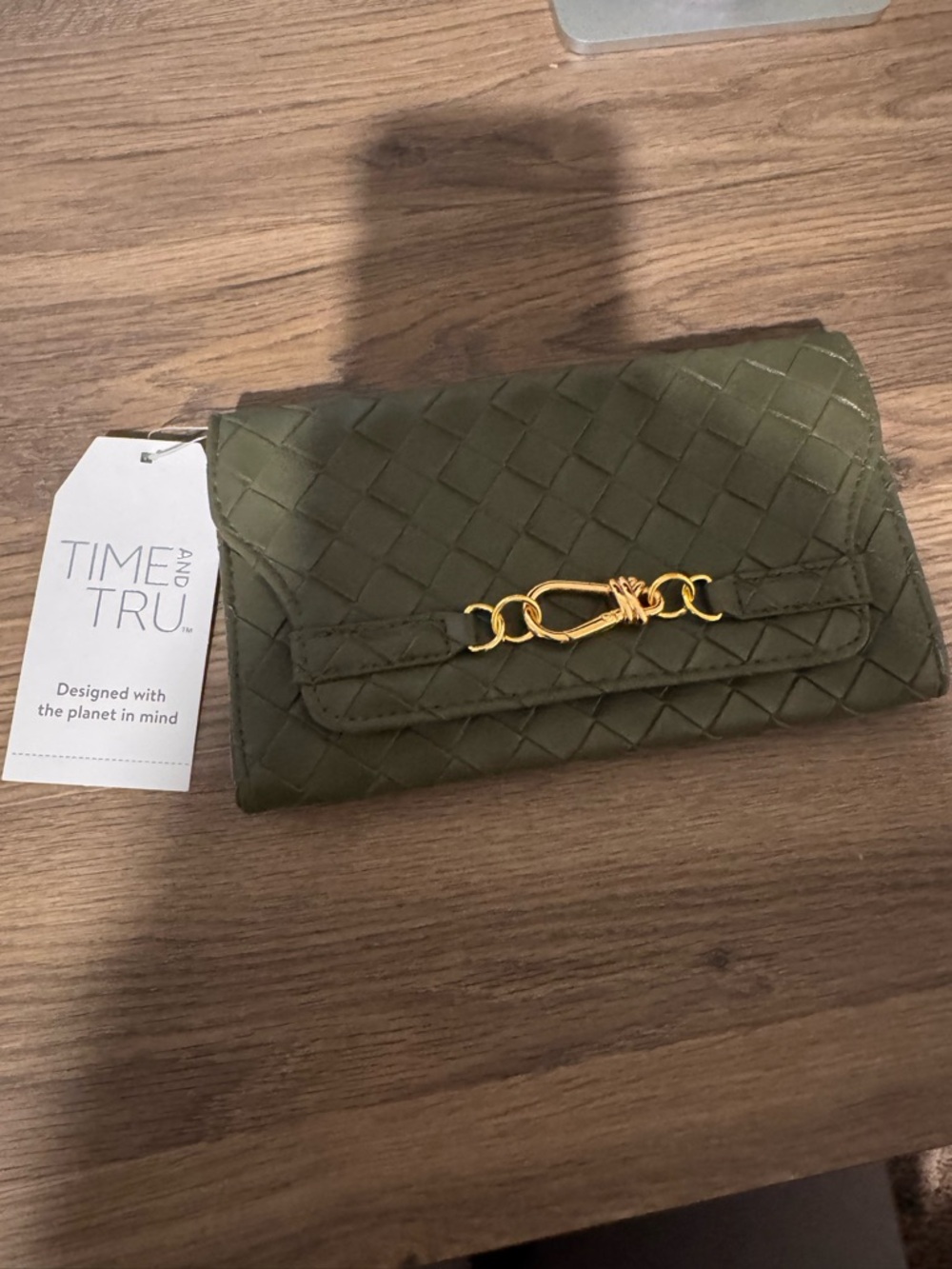Time and Tru Olive Woven Clutch with Gold Chain Accent